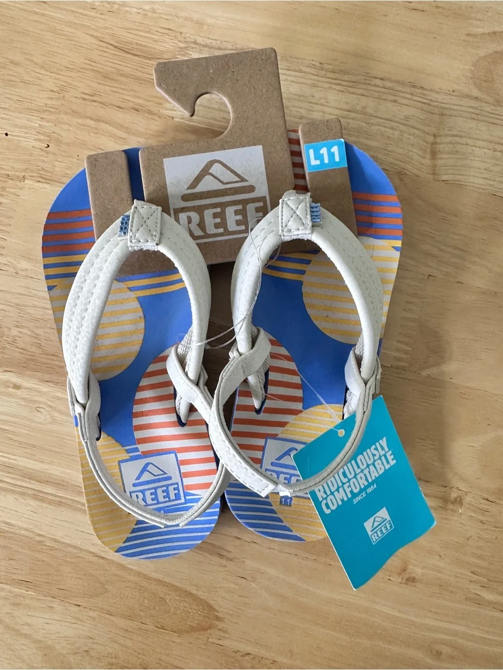 Reef Little Kids Flip Flops in Blue, White & Orange Stripes